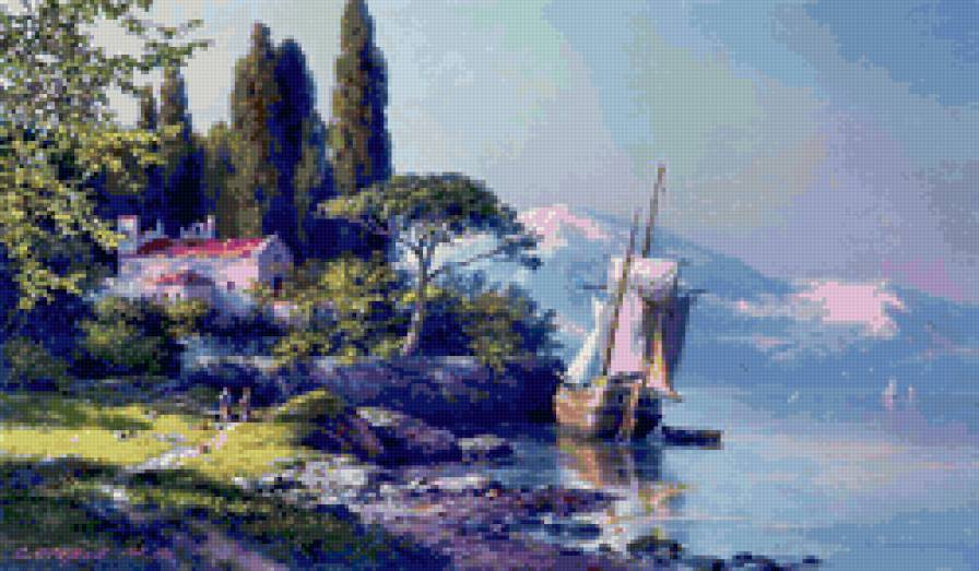 природа - река, лодка, природа, домик, вода - предпросмотр