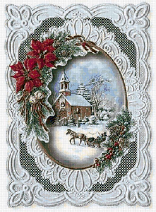 Зимняя сказка - пейзаж, домики, сказка, снег, природа, зима, пуансетия, тройка - предпросмотр