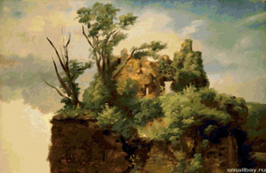 Валасьен Пьер.Пейзаж с руинами. - горы, растения, пейзаж, домики, деревья., природа - предпросмотр