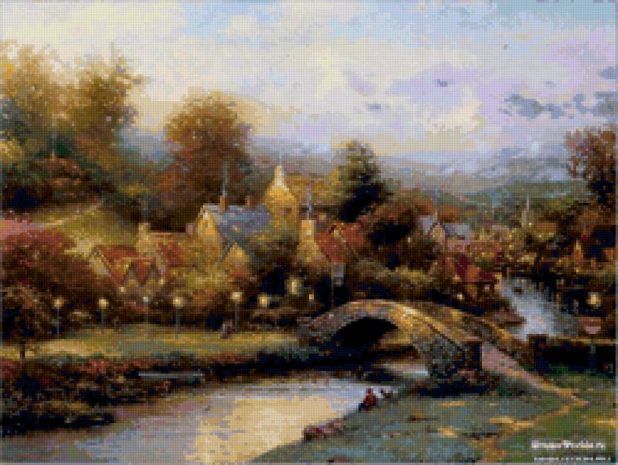 городок - мост, дом, река, природа - предпросмотр