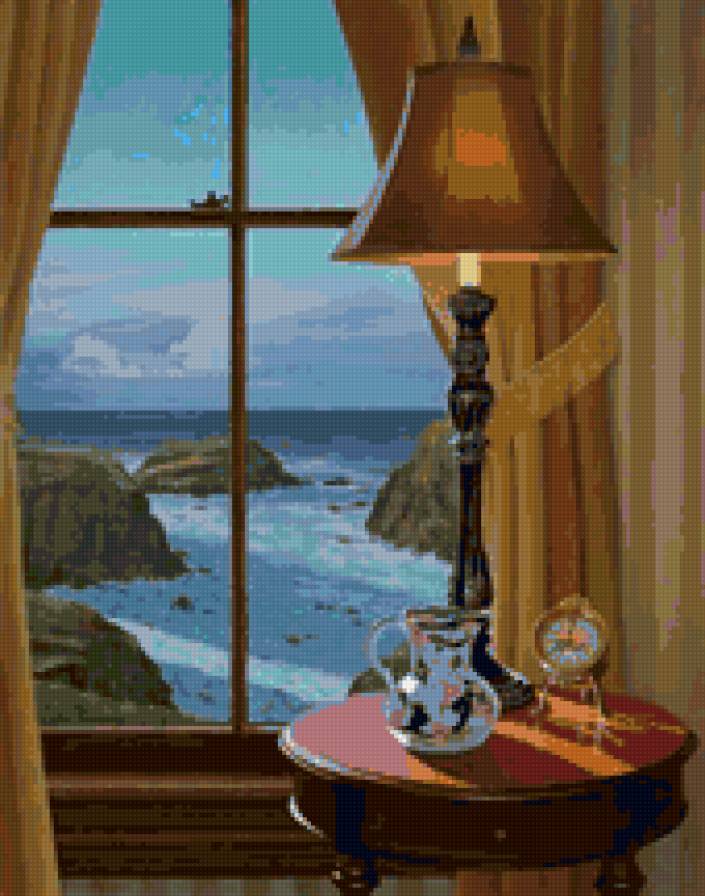 вид из окна - окно, столик, море, лампа. - предпросмотр