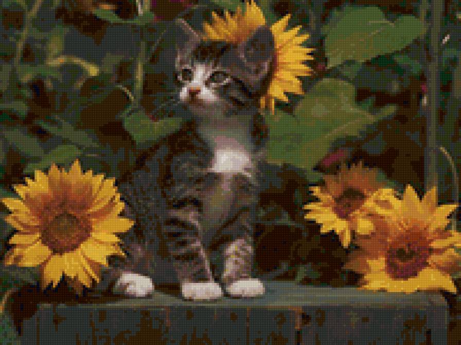 котёнок в подсолнухах - подсолнух, цветы, кот - предпросмотр