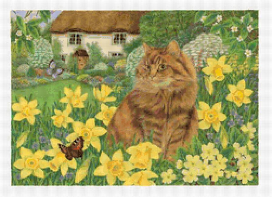кот на лугу - кот, луг, домик, цветы - предпросмотр