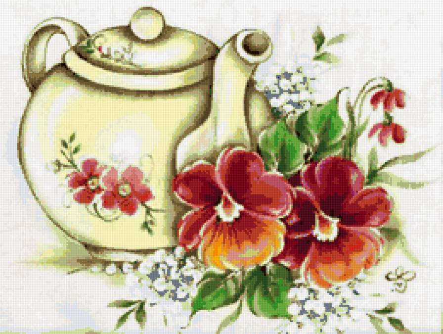 чаепитие - цветы, чайник - предпросмотр