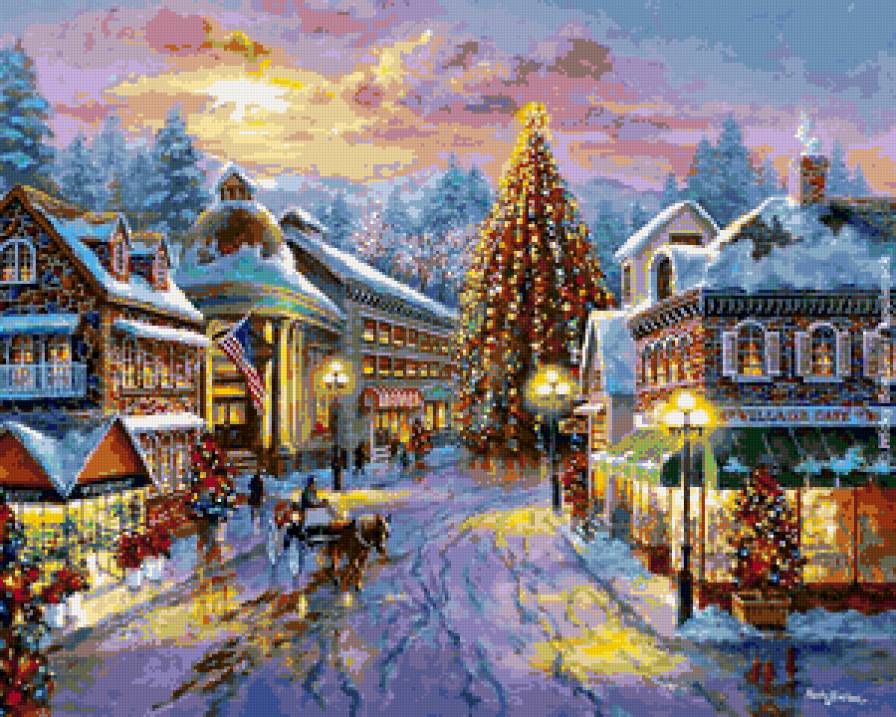 Праздничная улица - зима, городской пейзаж, елка, рождество, снег - предпросмотр