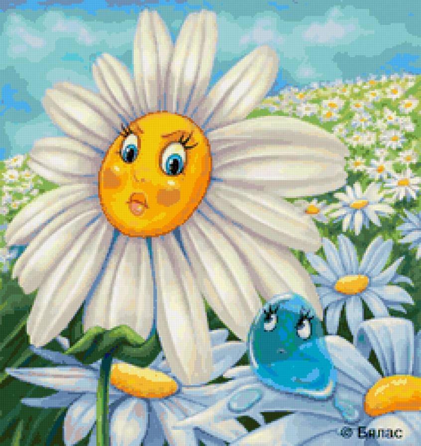 Ромашка и росинка - подушка, живопись, цветы - предпросмотр