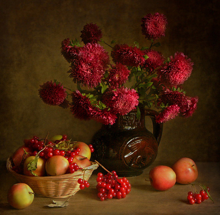 натюрморт - яблоки, цветы, натюрморт, астры, фрукты, калина - оригинал