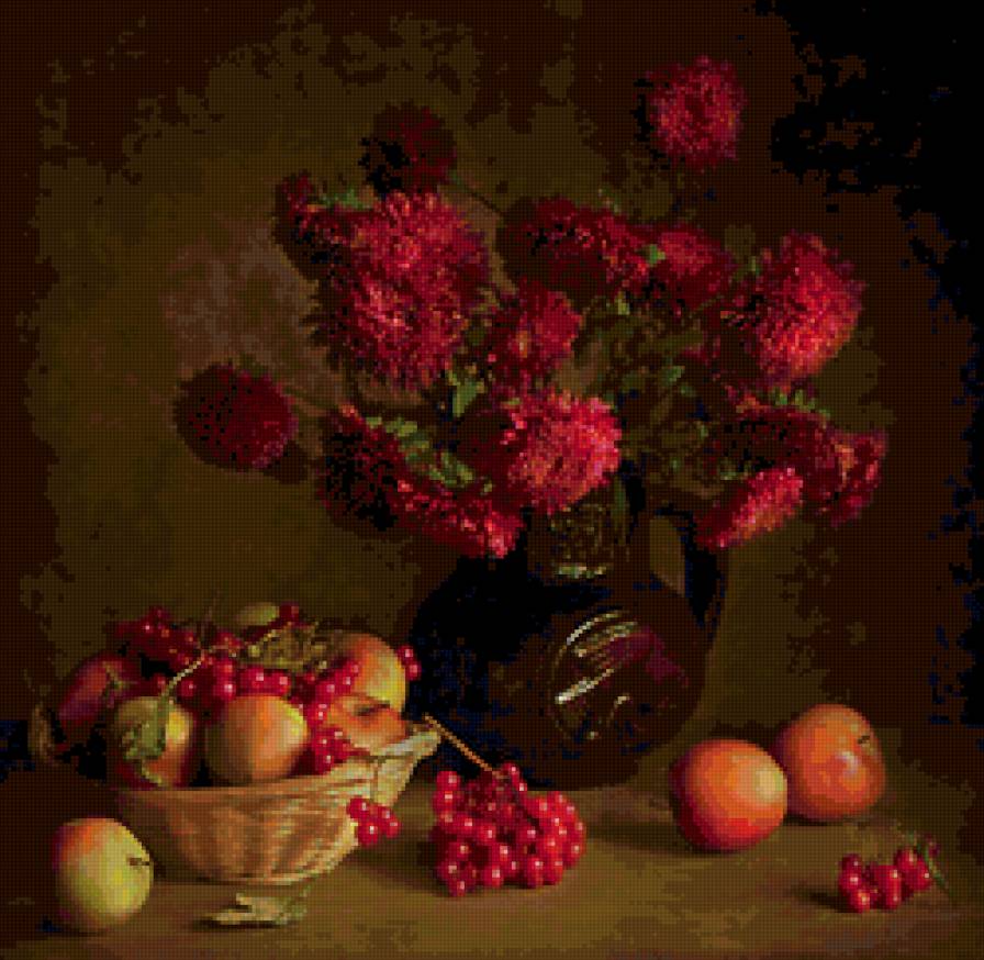 натюрморт - цветы, натюрморт, астры, яблоки, калина, фрукты - предпросмотр