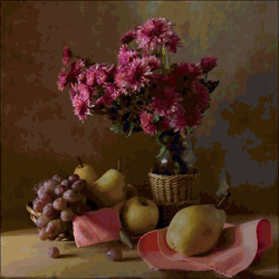 натюрморт - груши, натюрморт, хризантемы, цветы, фрукты, виноград - предпросмотр