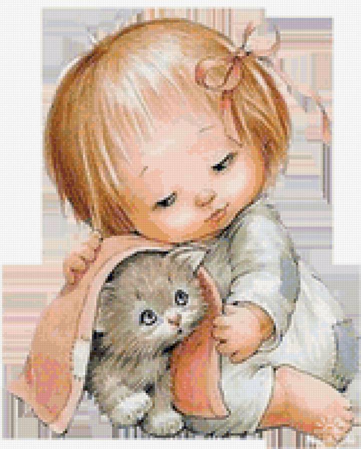 Малышка с котенком - котенок, сказка, мультфильм, малыш, девочка, детям - предпросмотр