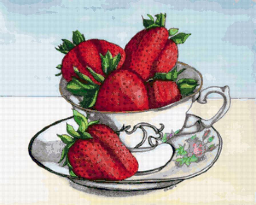 Натюрморт на кухню - клубника, ягоды, натюрморт, посуда, фарфор, ягодка, чашечки - предпросмотр