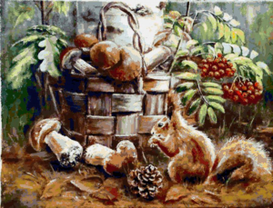 дары лета - белка, грибы, белки, ягодки, белочка, животные, рябина, осень - предпросмотр