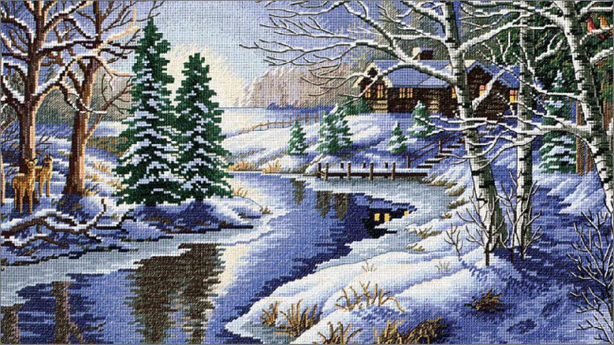 Зимний пейзаж - домики, зимняя сказка, домик, зима, река, снег, природа - оригинал