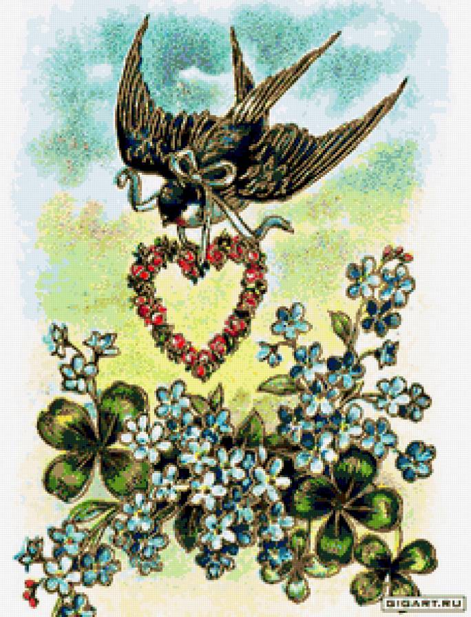 Ласточка с весною в сени к нам летит - незабудка, сердечко, ласточка, незабудки, весна, ретро - предпросмотр