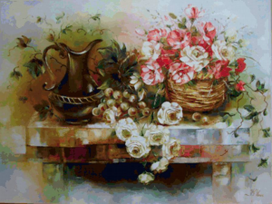 №158993 - цветы, кувшин, фрукты, натюрморт - предпросмотр