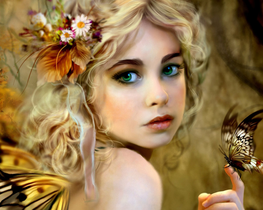Девушка и бабочка - взгляд, бабочка, зеленые глаза - оригинал