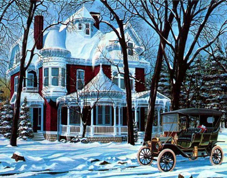 особняк - зима, карета, домик, рождество, снег, авто, новый год, особняк - оригинал