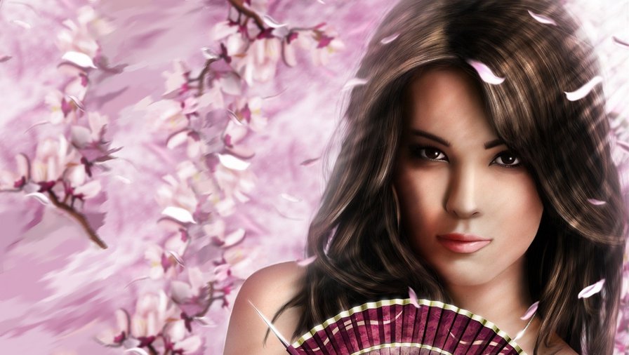 Розовый снег - цветение сакуры, восток, девушка - оригинал