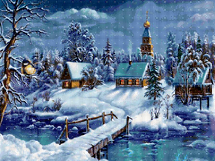 №159636 - новый год, елки, домик, зима, церковь - предпросмотр