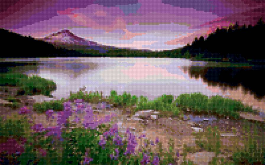 горное озеро - вода, горы, природа, озеро, закат, цветы - предпросмотр