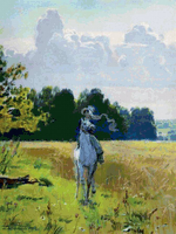 СЕРИЯ  "ЛЕТО В УСАДЬБЕ".  ПРОГУЛКА ВЕРХОМ - поле, колоски, лето, девушка, облака, солнце, конь - предпросмотр