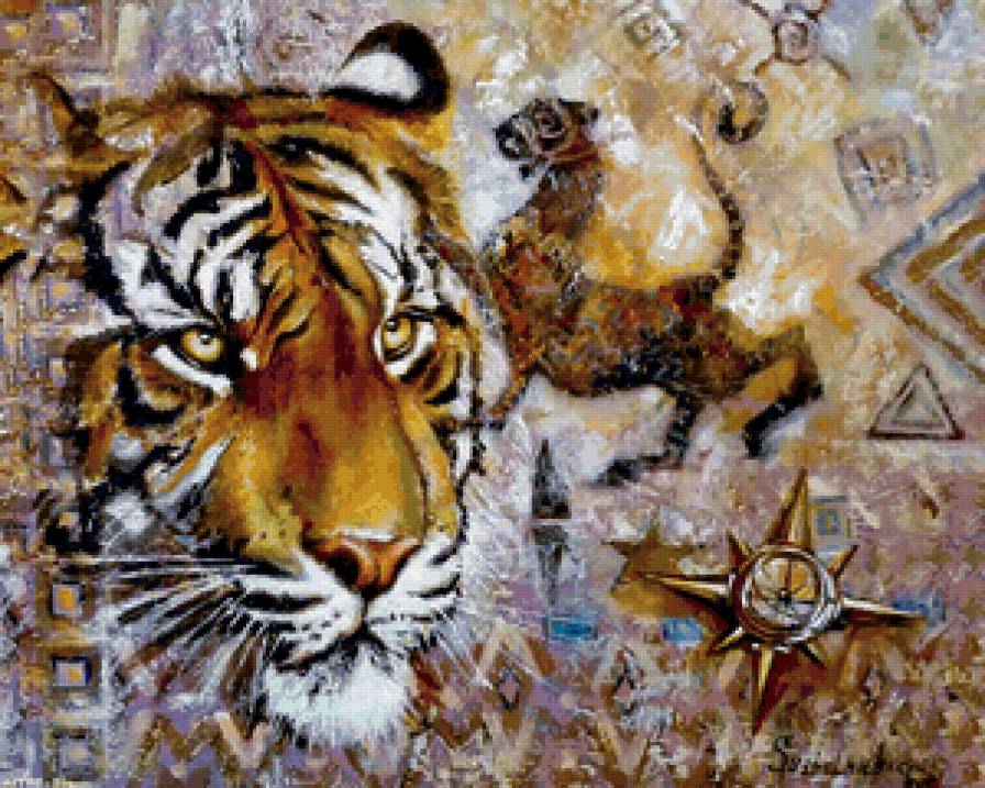 тигр гравюра - фреска - природа, большие кошки, животные, хищники, тигр - предпросмотр