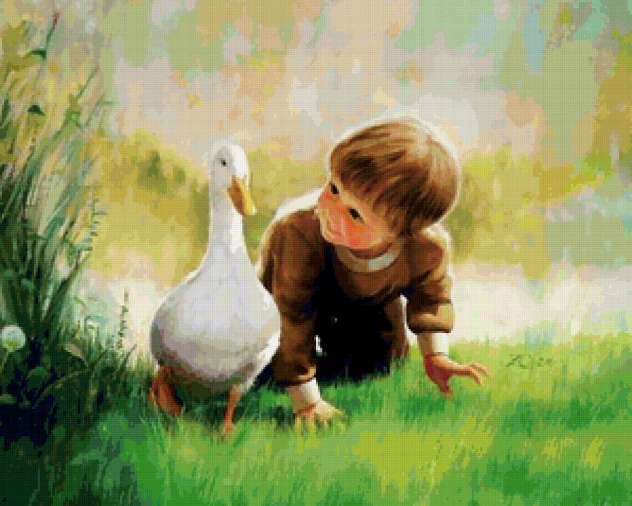 мальчик - картина, мальчик, лето, птицы, живопись, мама - предпросмотр