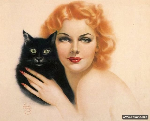 в стиле пин-ап - девушка, кот - оригинал