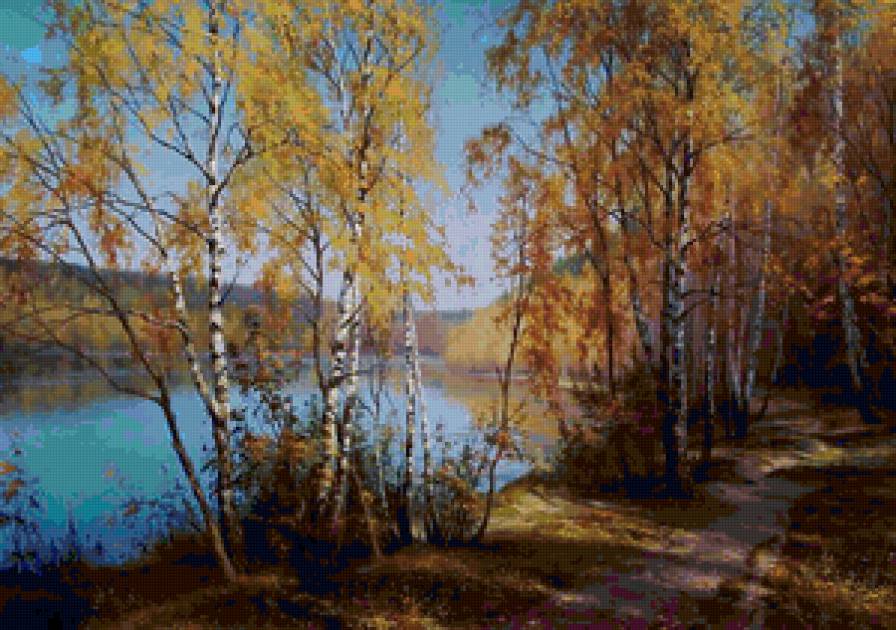 живопись - лес, река, дерево, осень - предпросмотр