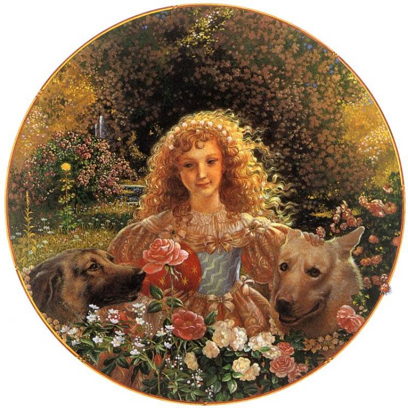 девочка в саду - собака, розы, кинуко крафт, девочка - оригинал