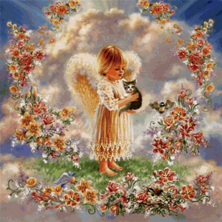 Ангелочек с котенком - цветы, живопись, котенок, девочка, ангел - предпросмотр