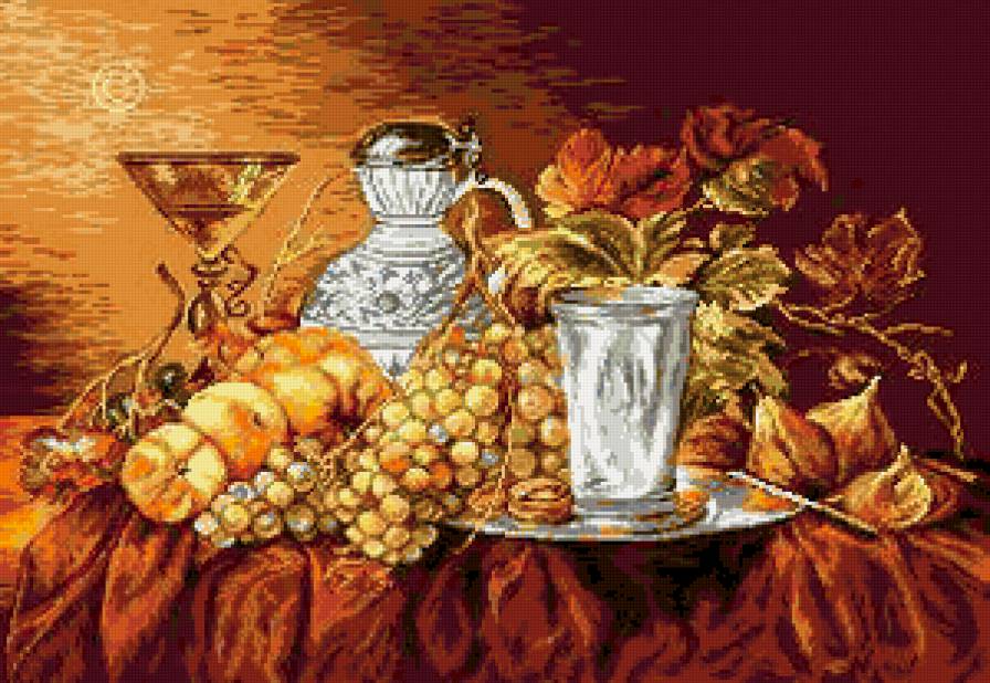 Виноград на серебрянном подносе - натюрморт, виноград, картина - предпросмотр