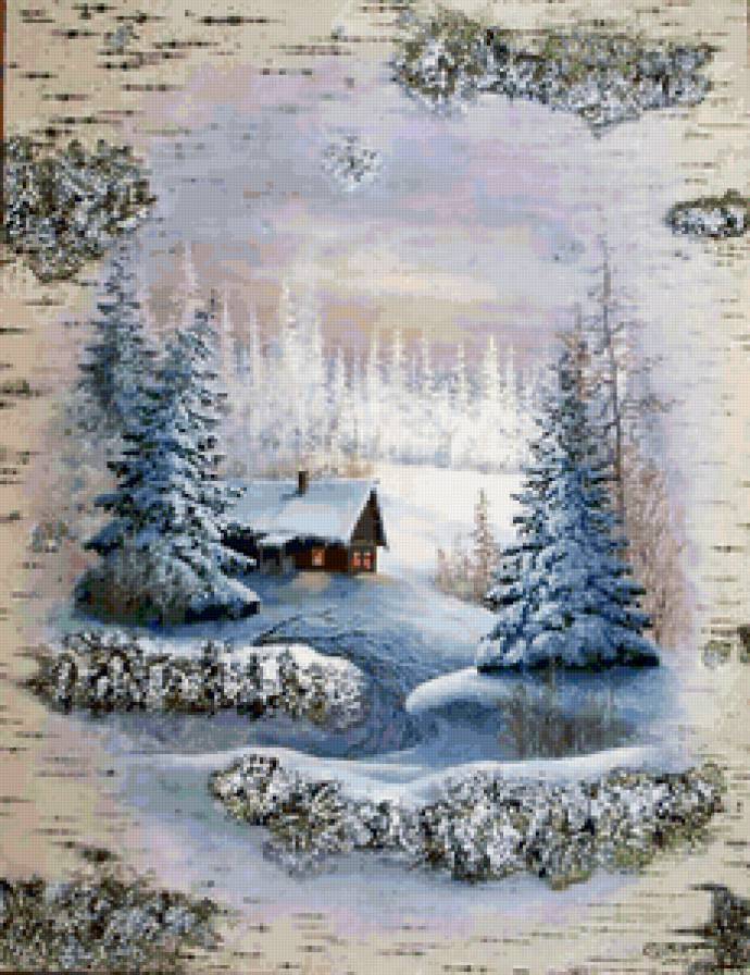 картина на бересте - зима, пейзаж - предпросмотр