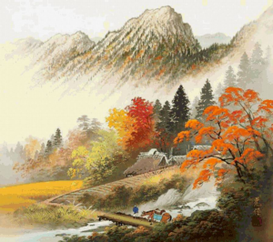 Серия "Пейзажи" - домик, осень, пейзаж, люди, горы - предпросмотр