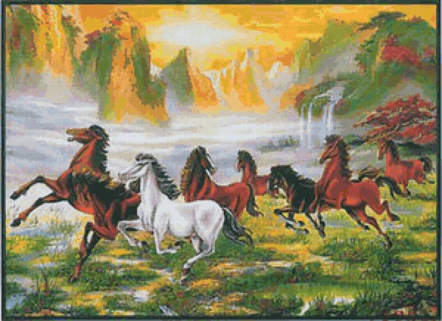 Табун - лошади, пейзаж, река, кони, животные - предпросмотр