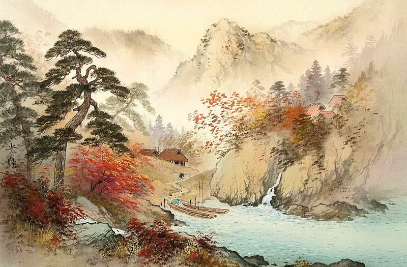 Серия "Пейзажи" - осень, горы, пейзаж, люди, река, домик - оригинал