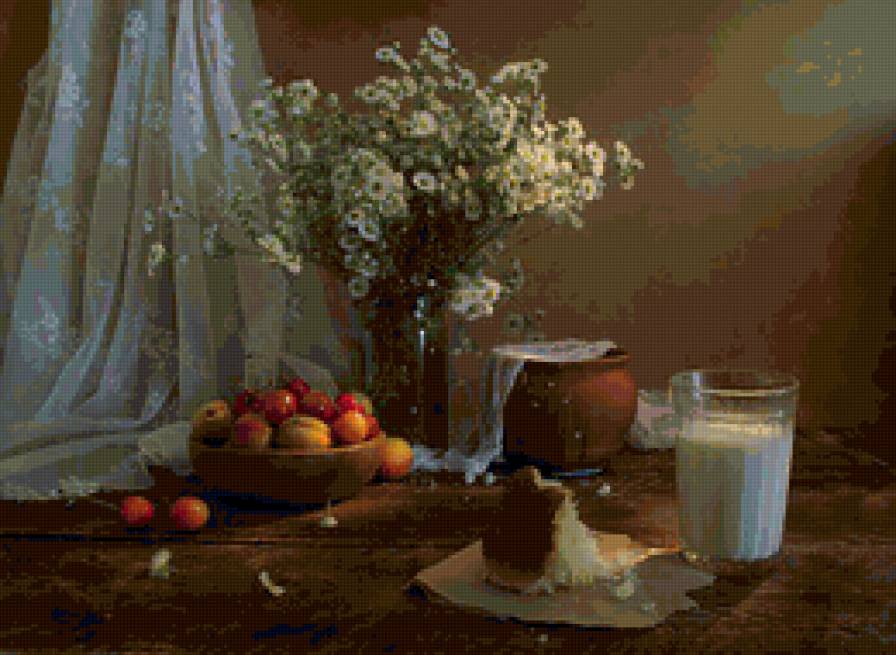 натюрморт - фрукты, молоко, цветы, ваза, хлеб - предпросмотр