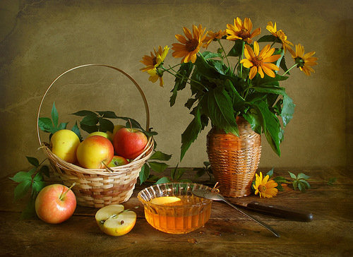 натюрморт - корзина, цветы, ваза, фрукты - оригинал