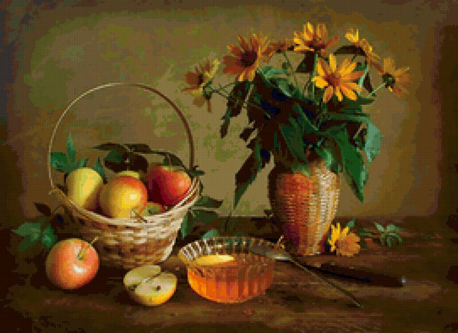 натюрморт - цветы, корзина, фрукты, ваза - предпросмотр