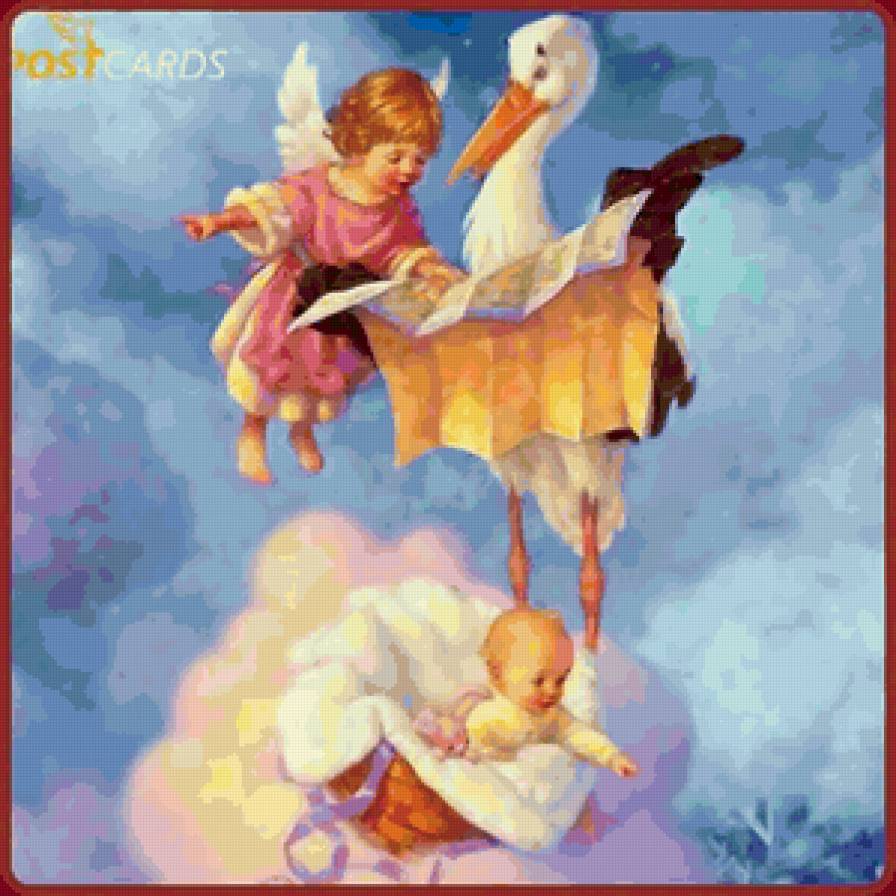 аист и малыш - ангел, аист, малыш, птицы, картина, дети - предпросмотр