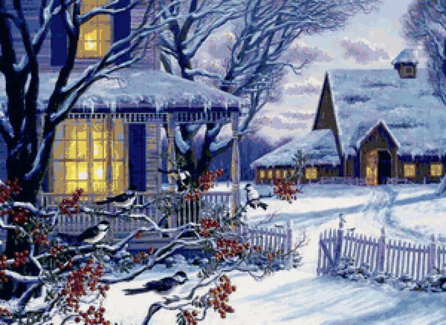 Синички на ветках рябины - снег, рябина, птица, зима - предпросмотр