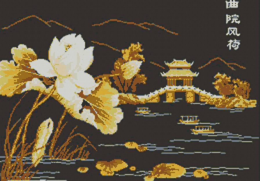 Лилия у пагоды - восток, китай, лилия, цветок, иероглифы, пагода - предпросмотр