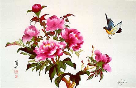Цветы - птица, восток, цветы, иероглифы, фен-шуй - оригинал