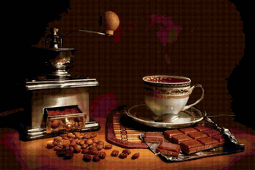 натюрморт - шоколад, чашка, кофемолка, кофе - предпросмотр