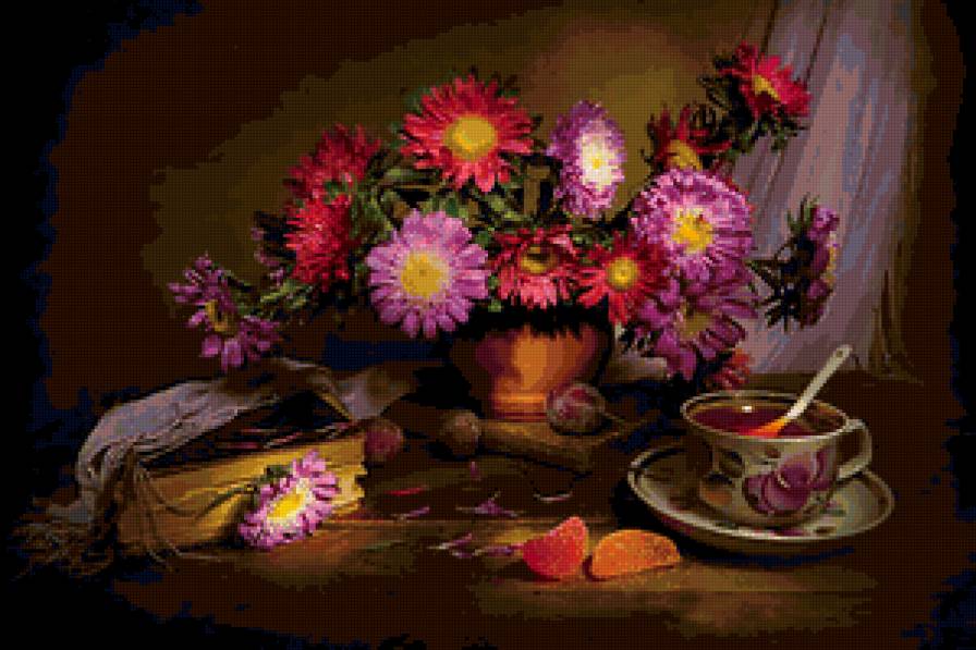 натюрморт - чай, фрукты, астры, ваза - предпросмотр