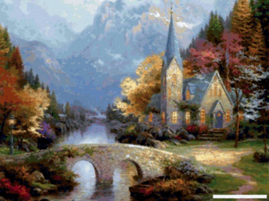 Серия "Пейзажи" - пейзаж, река, мост, горы, домик - предпросмотр