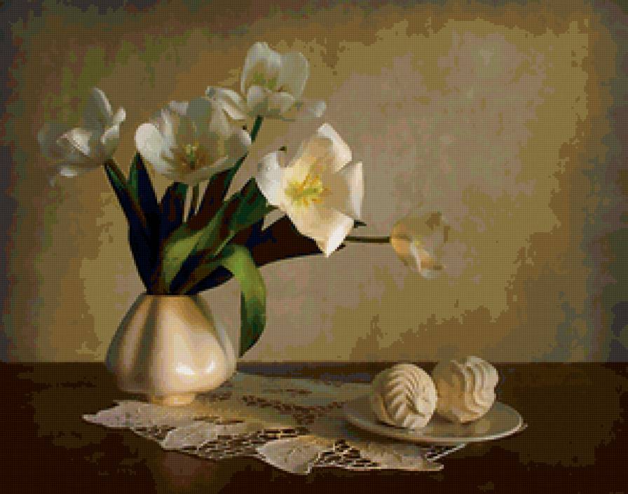 натюрморт - салфетка, ваза, зефир, тюльпаны - предпросмотр