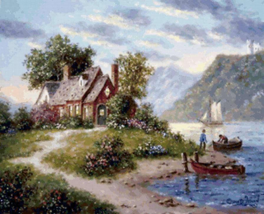 Серия "Пейзажи" - пейзаж, река, домик, люди, лодка - предпросмотр