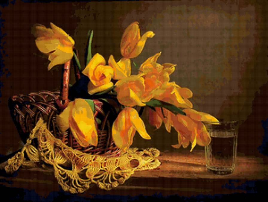 натюрморт - салфетка, стакан, корзина, тюльпаны - предпросмотр