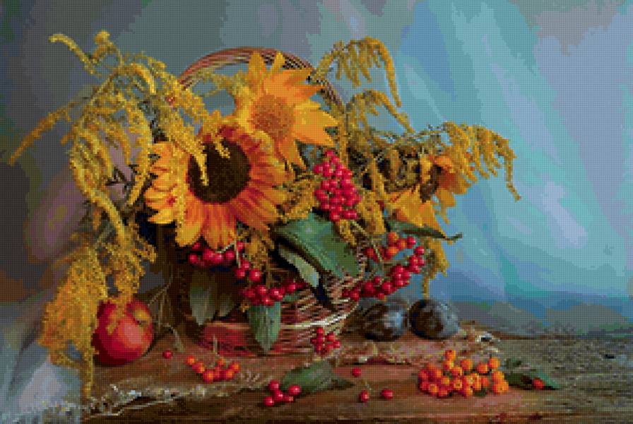 натюрморт - подсолнух, корзина, рябина - предпросмотр